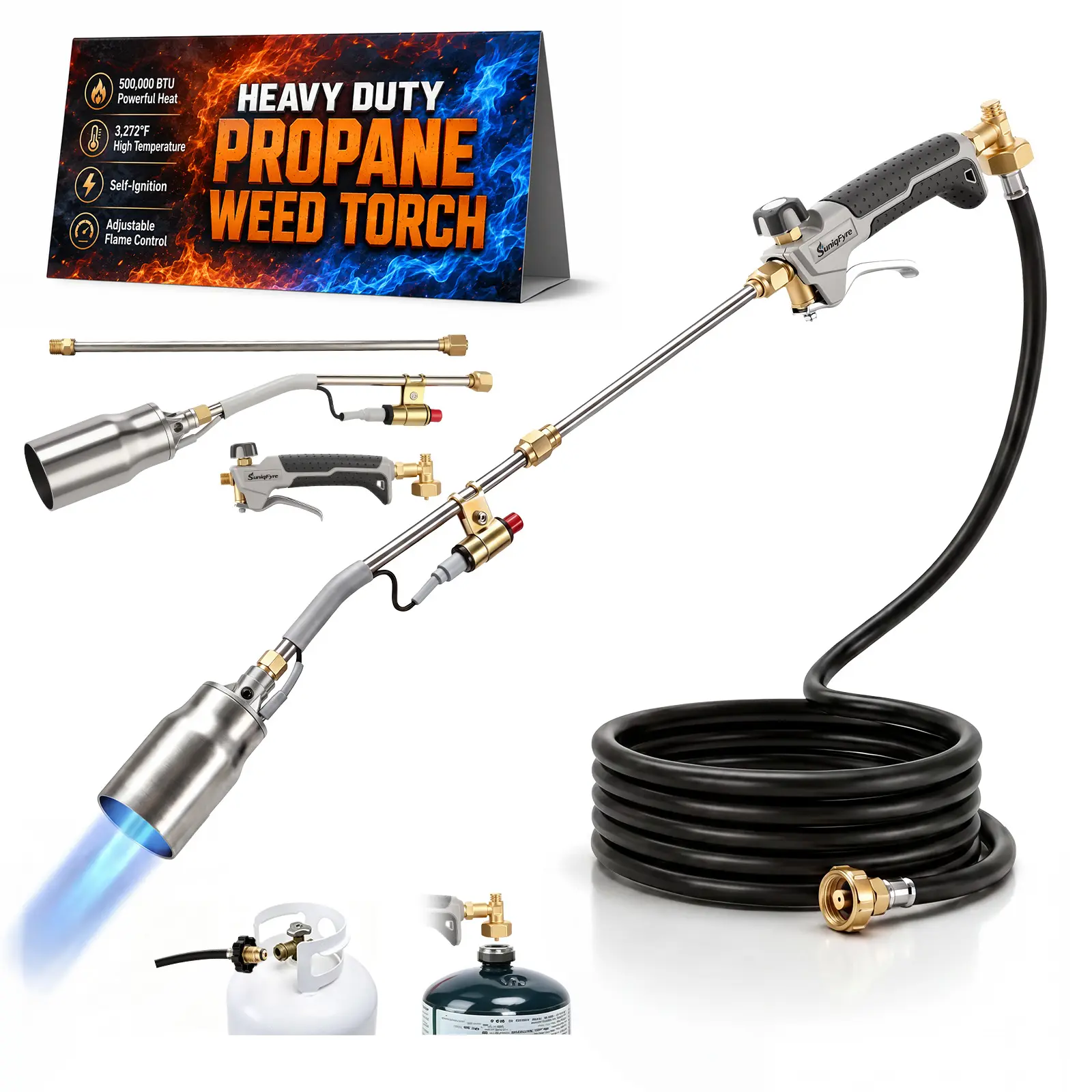 SuniqFyre Propane Torch Weed Torch Burner, 500,000 BTU Heavy Duty Weed Burner with 2 Extension Modes&Self Igniter&Turbo Trigger&10ft Hose, Multi-Fuel Compatible (1lb-100lb) for Weeds, Ice Melting(Tank not included)