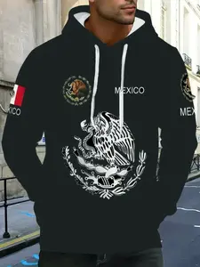 Men's Mexican Flag Graphic Print Hoodie, Eagle Graphic, All Seasons Streetwear, Casual & Formal Wear, Durable Fabric, Patriotic Fashion, Graphic Hooded Sweatshirt, Graphic Streetwear Clothing