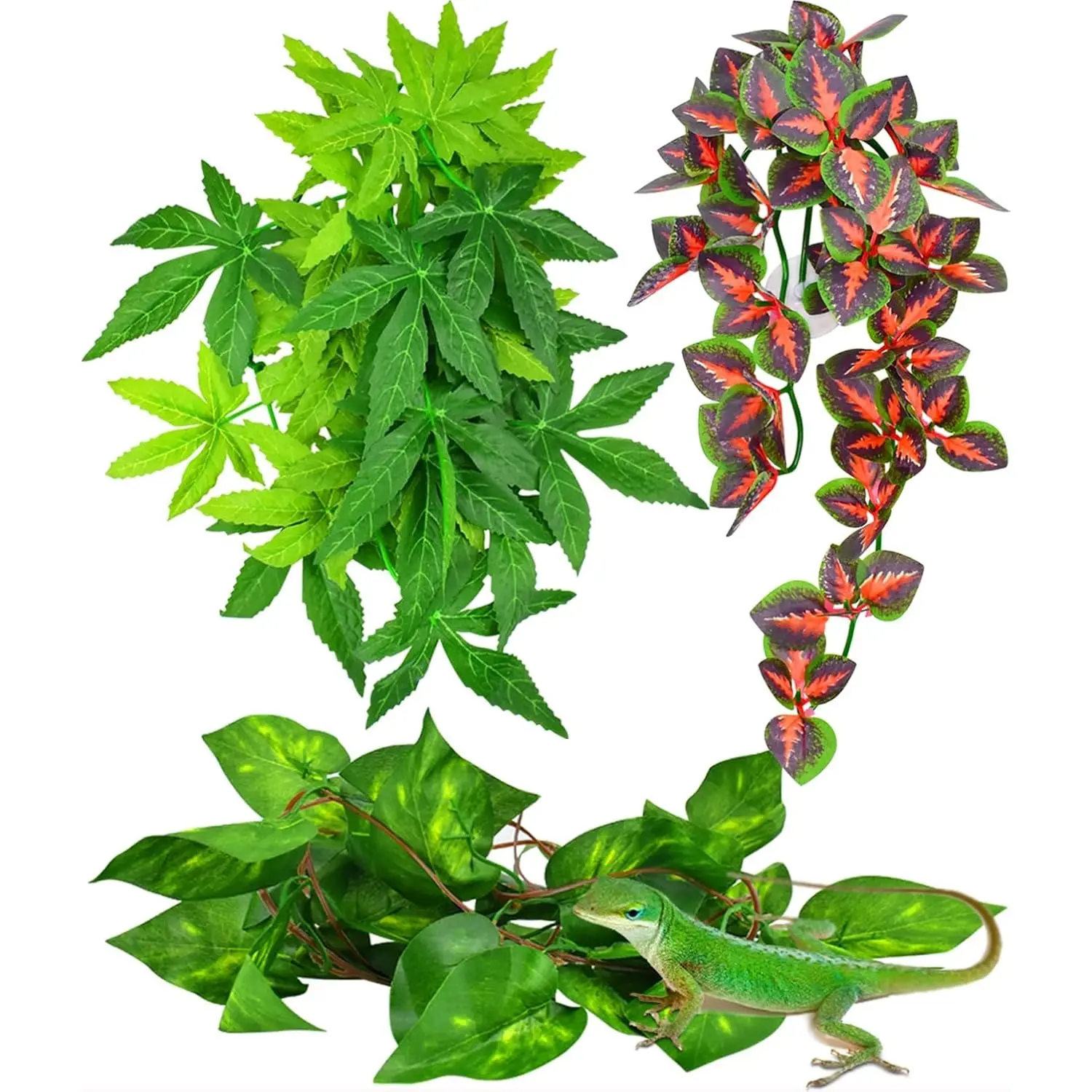 3Pcs Colorful Silk-Plastic Polyethylene Reptile Hanging Plants with Suction Cup - Decorative Ornaments for Reptile Tank Terrariums, Frogs’ Hiding Spots (Home Improvement Building Supplies), Lightweight, Terrarium Decor