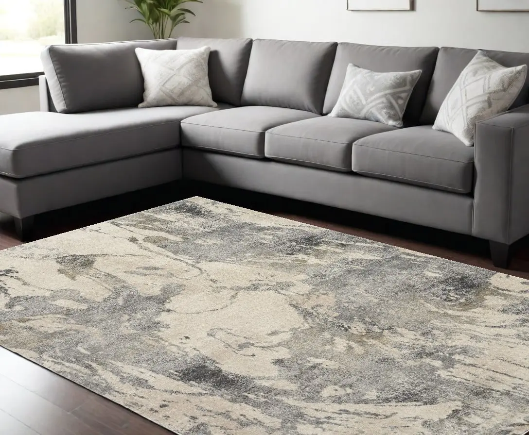212 MAIN 8x11 ft. Powerloomed Modern Abstract Fade Distressed Rectangle Area Rug, Cream & Gray, Stain Resistant Modern Abstract Rug, Stain Resistant Rug