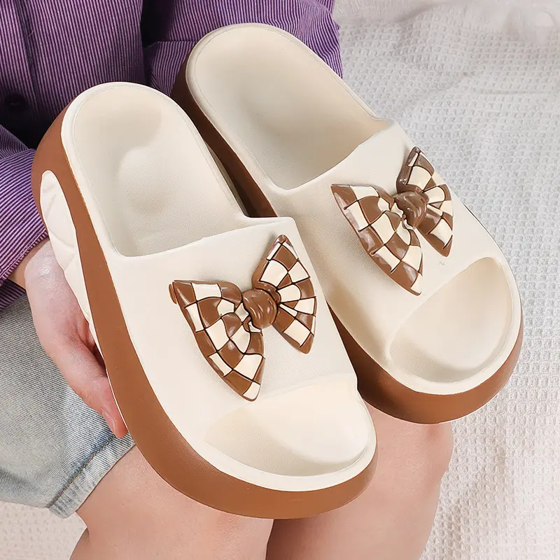 Women's Cream & Brown Checkerboard Bow Platform Slip-On Slippers, Chic Holiday EVA Upper Walking Shoes, Anti-Slip Chunky Sole Indoor-Outdoor Summer Wear, Slip-On Wear