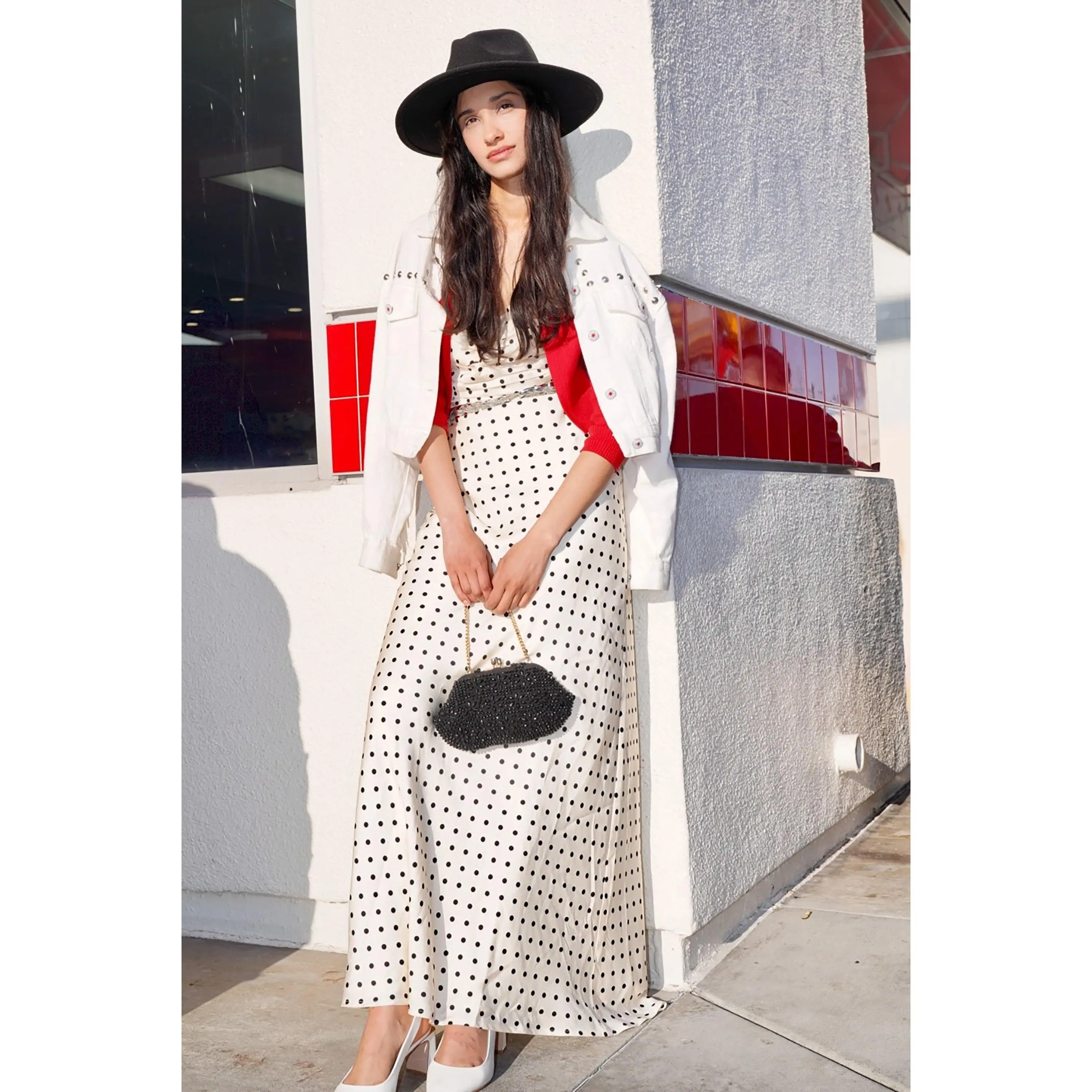 Celine Dot Slip Dress with Lace Trim