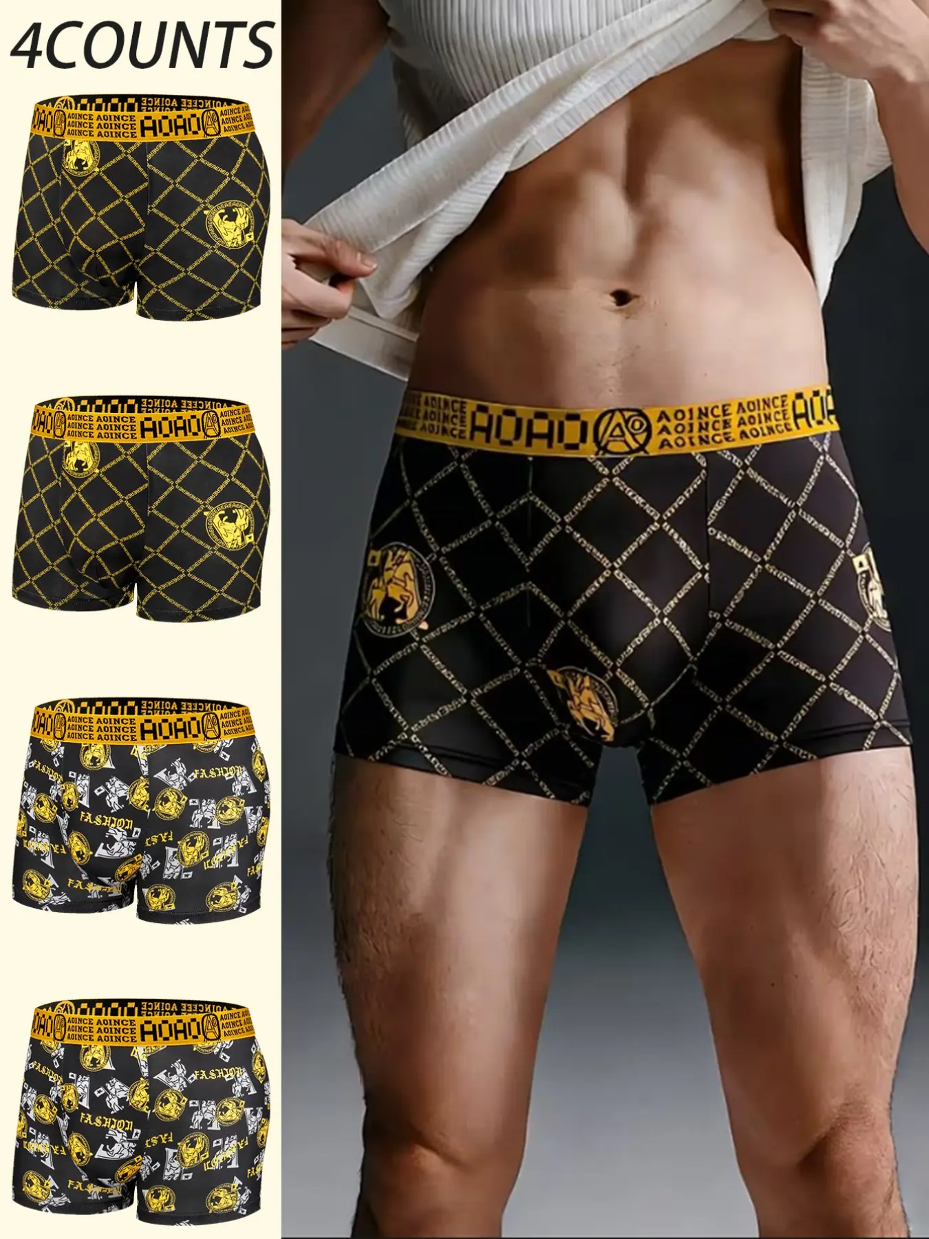 4pcs black gold chain printed men's underwear, light and thin, comfortable, breathable, elastic waistband men's flat bottom pants, fast drying sports underwear, Breathable boxer shorts, Boxers Briefs, Four Seasons home leisure