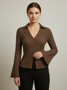 Women's Plain Woven Lettuce Trim Flounce Sleeve Button Front Blouse Shirts, Casual Chic Long Sleeve Collared Top for Daily Wear, Ladies Clothes for All Seasons