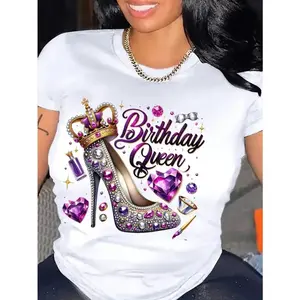 Birthday Queen Graphic Tee Rhinestone High Heel Crown And Purple Heart Print Womens Casual Short Sleeve Crewneck Soft Stretch Top For Party Outfit Gift