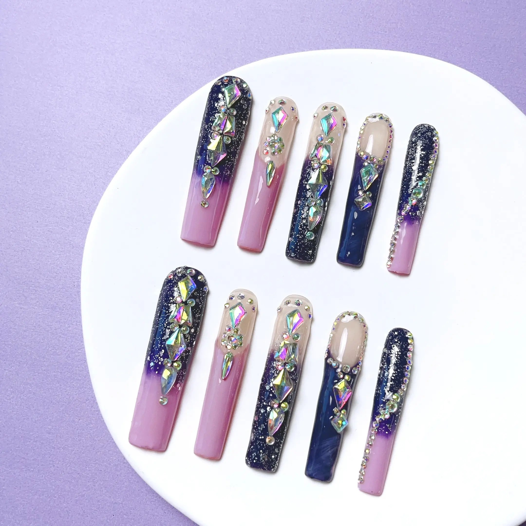 10Pcs Acrylic Handmade Press on Nails Extra Long Square Purple Luxury Rhinestone Decor Sparkly Bling Acrylic Beach Essentials Nail Supplies  Stickers Iridescent Glitter Gradient Glitter Manicure Y2K Cute Festivals Parties, Glitter Nails, Glossy Fake Nails