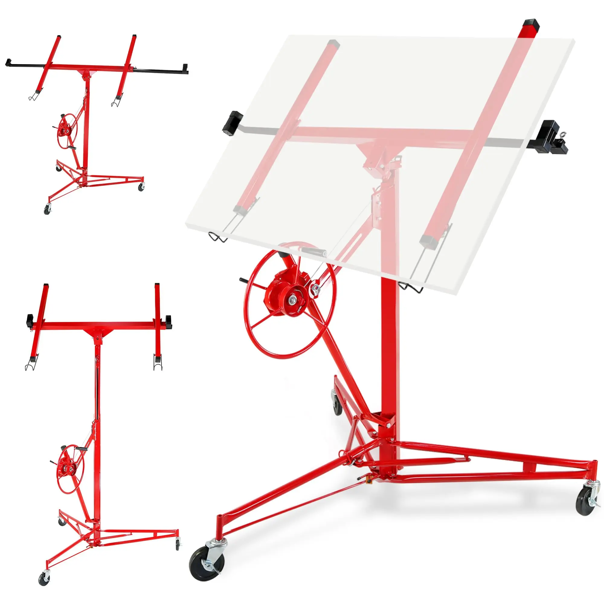 Gaomon Heavy Duty Carbon Steel Red Drywall Lift - 150 lbs Wheeled Jack with Telescoping Arm, 11FT Adjustable 4x8 ft Sheetrock Hoist, 360° Rotation, 60° Tilt, 3 Locking Casters for Ceiling Installation (Boosts Efficiency by 50%+, Pros Use)
