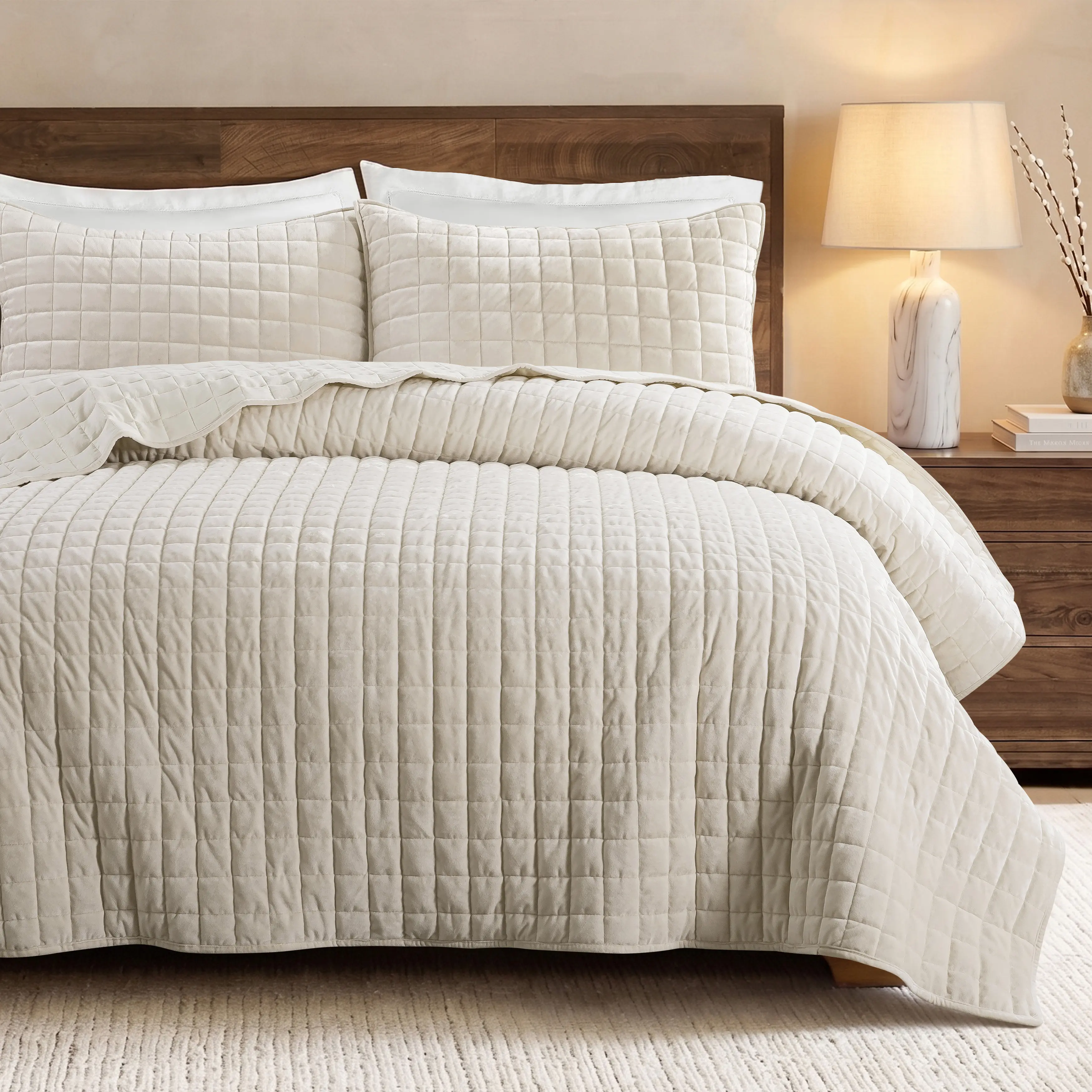 WDCOZY Velvet Queen Bed Comforter Set with 2 Shams, Ultra Soft Lightweight Channel-Box Stitch Bedding Sets Collections, Oversized All-Season Luxury Textured Modern Bedding, Family-Friendly Bedspread Coverlet