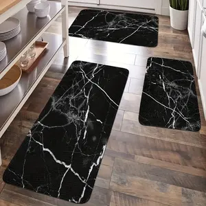 3pcs, Modern Kitchen Set Mat with European Black Marble Pattern, Suitable for Holiday Decorations, Flannel Material - Soft and Comfortable, Fits Bedroom Living Room Dining Room Bathroom Entrance Mat kitchen carpet