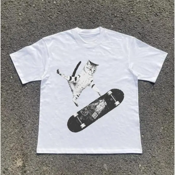 Skateboarding Cat T-Shirt, Y2k Cat Shirt, Animal Tee, Gifts Shirt, Unisex Vintage Graphic Tees Gothic Grunge Y2k Emo Scene Amity Affliction Style Clothes Men Women Streetwear