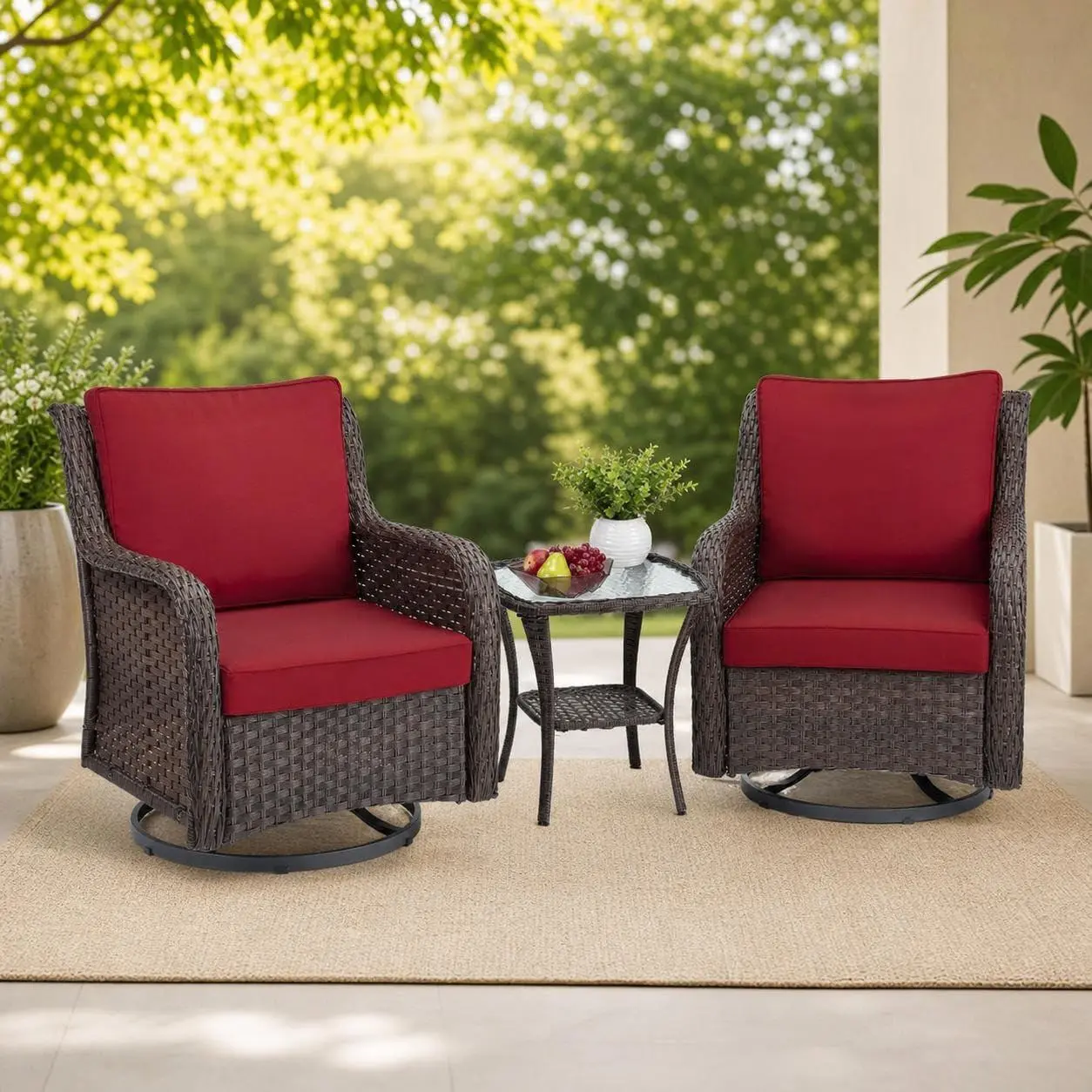 Rattan 3-Piece Red Outdoor Swivel Rocker Chair Set - Cushioned Wicker Patio Chairs with Side Table, 360° Swivel Glider, 5-Inch Thick Cushions, 25-Inch High Back for Porch, Deck