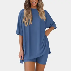 HarSum Crewneck Two-Piece Set For Women Summer Casual Oversized Split Hem Shirts & Side Pocket Biker Shorts Minimalist Lounge Wear Soft Viscose Fabric Comfy Homewear Cozy Pjs