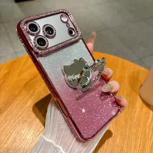 Magnetic Luxury Rhinestone Transparent Kt Mirror Stand Case for iPhone 17 Pro Max, Gradient Glitter Paper Protector, High-End Design