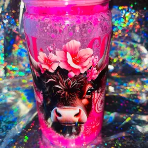 16oz Premade Cowgirl Lava Cup with Pink Floral Design and Glitter Accents for Festive Drinks