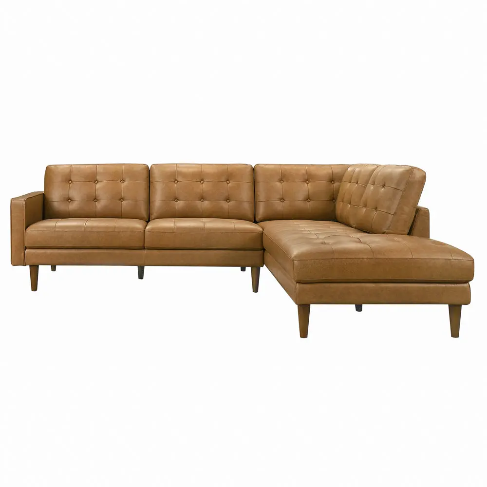 Lugano L-Shaped Genuine Tan Leather Right-Facing Sectional Sofa, Couch Sectional, Corner Large Indoor Furniture Sofa, Corner Large Couch