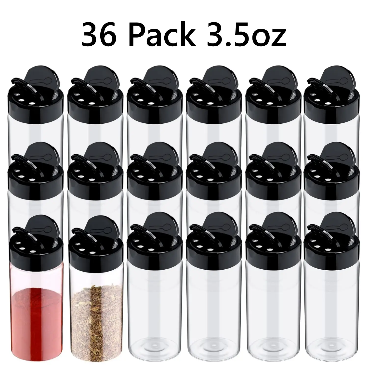 36-Pack Smooth Portable Plastic Spice Jars (3.5 oz), Transparent Lightweight Seasoning Bottles with Black Shaker Lids for Powder Storage, Kitchen Utensils & Gadgets with 5 Sheet Stickers (Even Dispensing Holes)