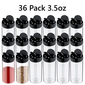 36 Pack Plastic Spice Jar with Shaker Lids Seasoning Containers 3.5 oz Plastic Spice Container with Black Lids Seasoning Jars for Kitchen Storing Powder, with 5 Sheet Labels