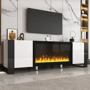 ON-TREND Modern TV Stand with 34.2" Non-heating Electric Fireplace, High Gloss Entertainment Center with 2 Cabinets, Media Console for TVs up to 78"
