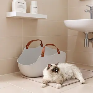 Large Semi-Enclosed Cat Litter Box, Open Front, Anti-Splashing, Portable with Handle, Easy Clean, Modern White & Brown, for Home Travel Apartment