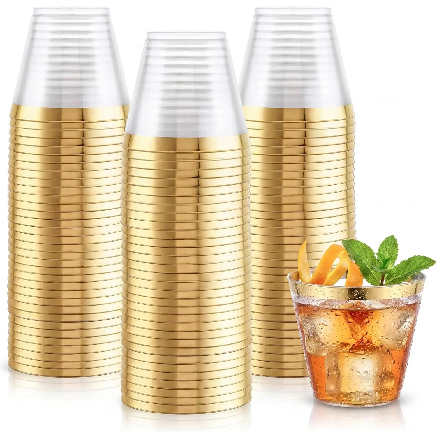 200Pcs 9OZ Clear Cups - Plastic Disposable Cups with Gold Trim, Heavy Duty & BPA-free for Party, Wedding, Reception