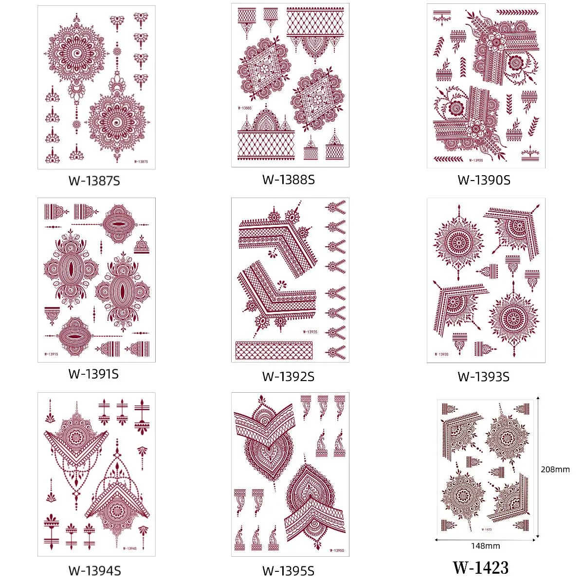 9 Indian Mehndi Style Red and Brown Henna Tattoo Sticker Set - Non-Toxic, Long-Lasting Water Transfer Temporary Tattoos for All Skin, Hands Body - Intricate Geometric, Floral Designs