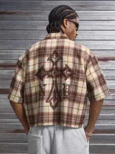 Vintage Wash Cross Graphic Cropped Flannel Checked Shirt, Neutral Tone Brown Plaid Short Sleeve Button Up, Streetwear Oversized Crop Top Shirt for Fall, Skate & Hip Hop Casual Outfits