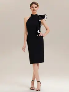 Ever-Pretty 2026 New Trend Double Layer Color Draped Halter Neck Ruffle Sleeveless Sheath Midi Dress for Wedding Guest, Formal Evening EG02681