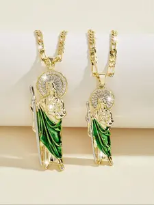 Men's Fashion Hip Hop Saint Jude Pendant Necklace, Copper Plated 14k Zirconia Religious Jewelry, 24 Inch Flat Chain, Fashion Pendants