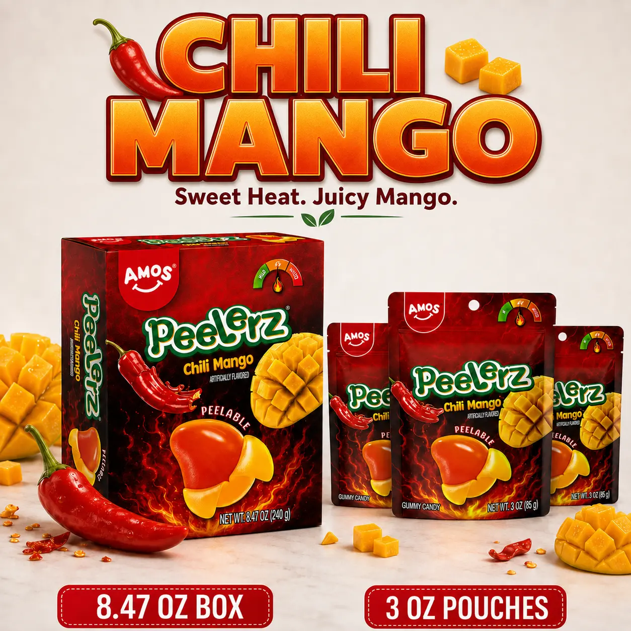 AMOS Peelerz Chili Mango Peelable Gummy Candy, Sweet & Spicy Mango Flavor, 8.47 oz Box and 3 oz Pouches, Fun Fruit Snack for Sharing and Gifting Delicious