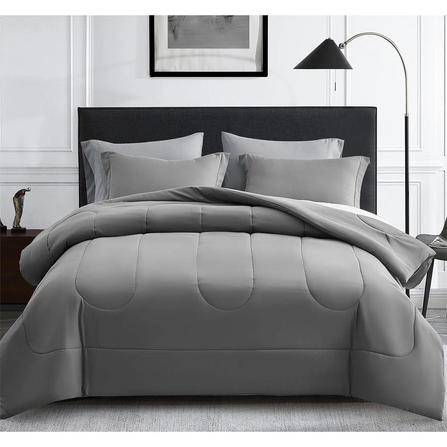 7-Piece Synthetic California King Bedding Set - Soft Cloud-Like Down Alternative Comforter, Duvet Insert, Pillowcases, Shams, Light Grey Polyester Fill, Contemporary Look, Machine Washable for All Seasons Use