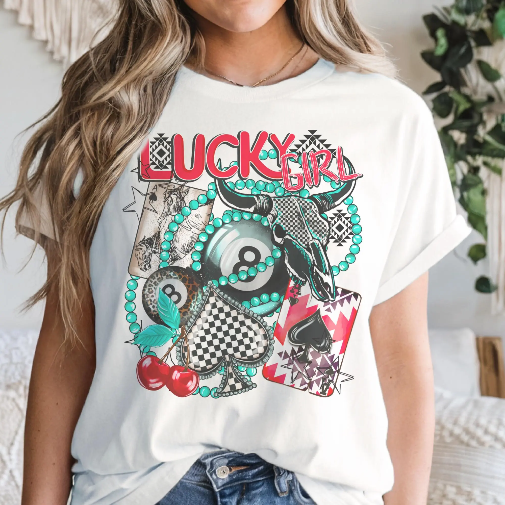 Vintage Western Tees Retro Lucky Turquoise Tshirt Country Spades Checkered T-Shirts Casual Womenwears Crewneck women summer tops women's basic Style Womenswear