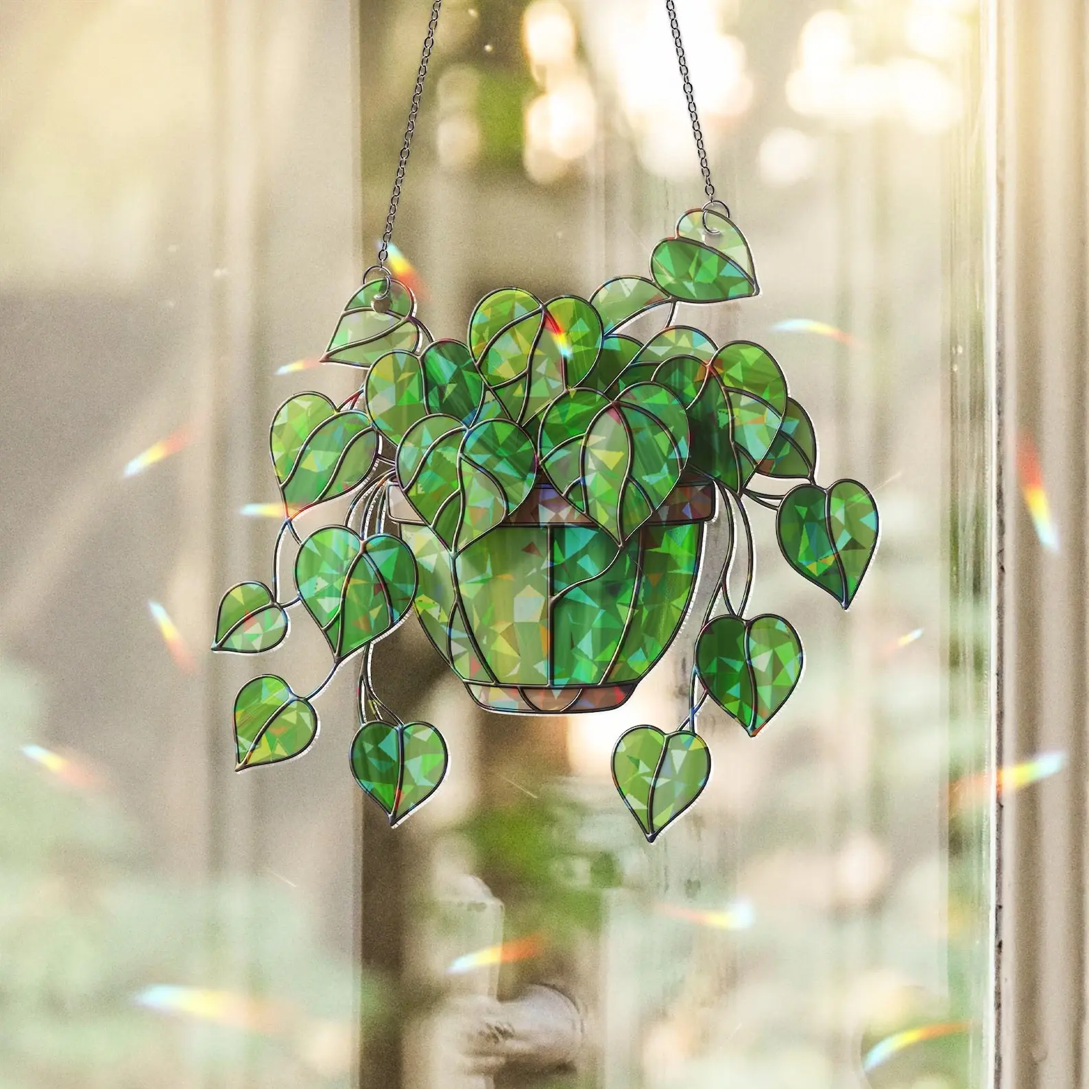 Hanging Heart Leaf Plant Acrylic Suncatcher | Green Philodendron Window Decor | Boho Houseplant Gift