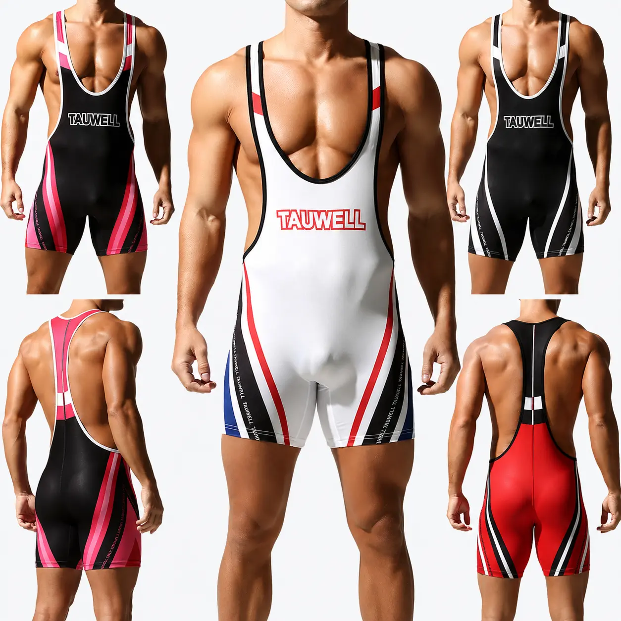 Tauwell Men’s Stretch Colorblock Wrestling Singlet, 1-Piece Athletic Bodysuit with Deep Scoop Neck, Low-Cut Sides, Racerback Fabric for Wrestling, Powerlifting - 25701