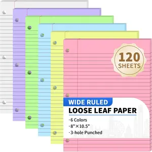 120 Sheets Loose Leaf Binder Paper, 6-Color Wide Ruled Lined Paper, 8” x 10.5”, 3-Hole Punched Notebook Paper Writing Paper for School Office