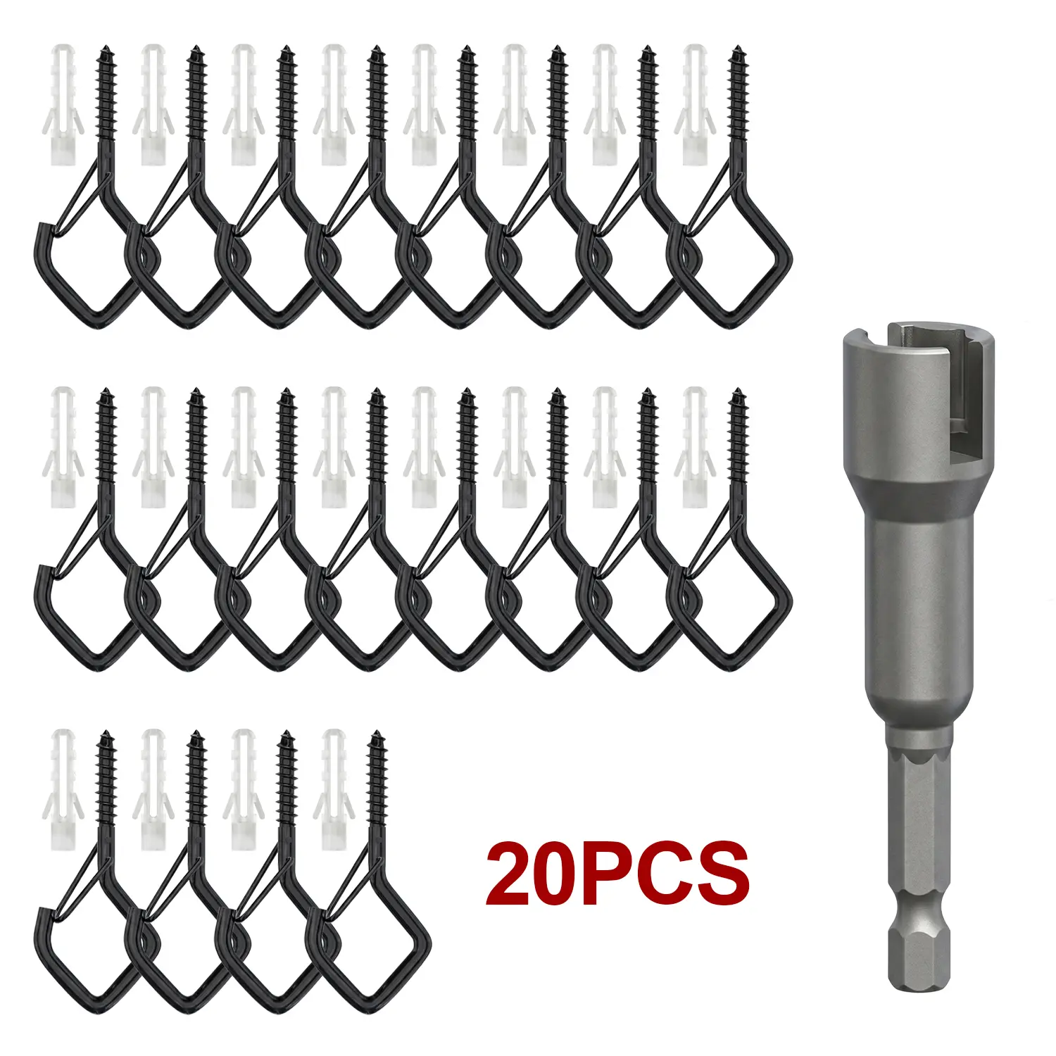 20 Pack Safety Buckle Screw Hooks with Driver Bit and Wall Anchors, Heavy Duty Ceiling Hanging Hooks for String Lights, Plants, Wind Chimes and Bird Feeders, Indoor Outdoor Use