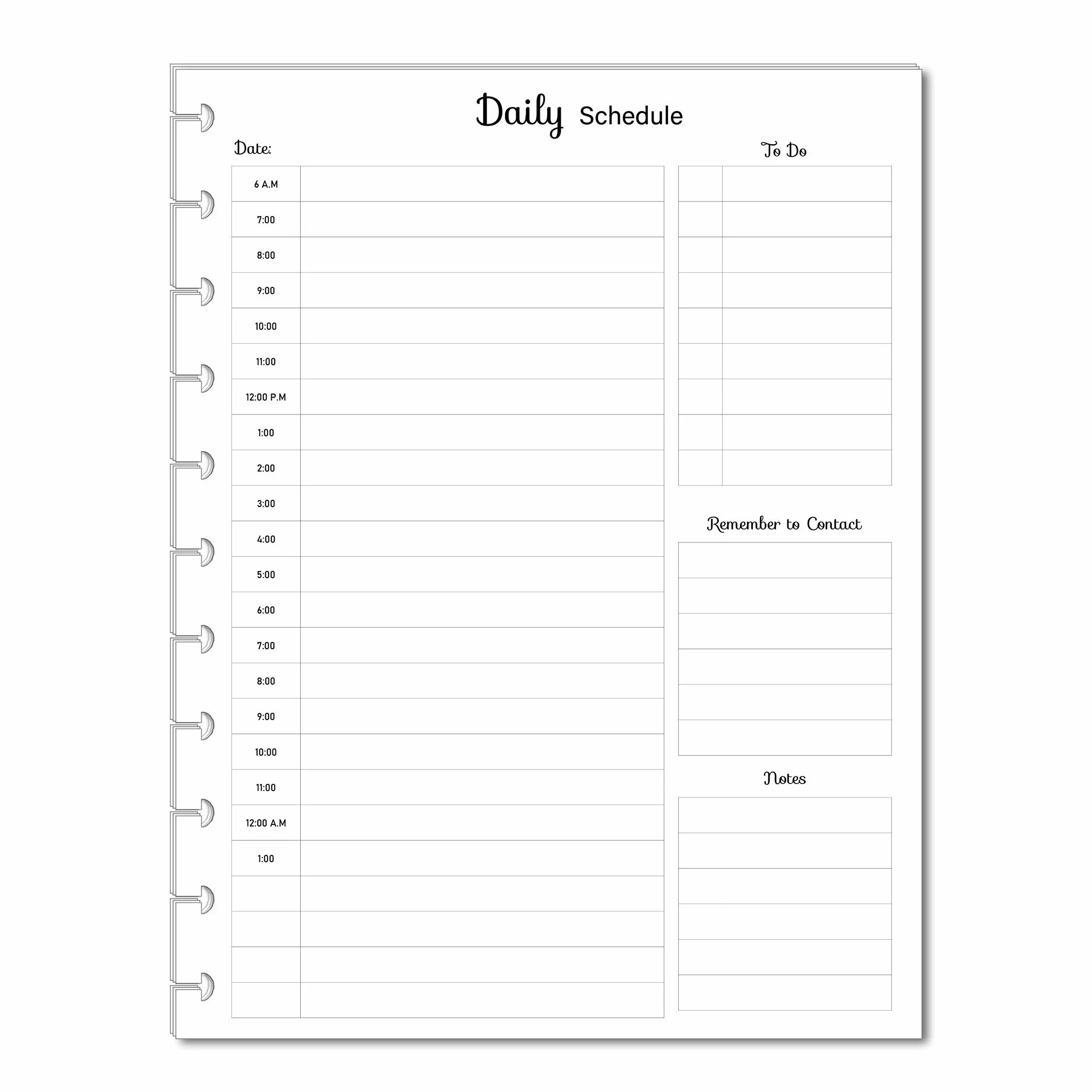 Hourly Planner for 11-Disc Letter Size Big Planners, Pre-punched Planner Inserts, Daily Planner