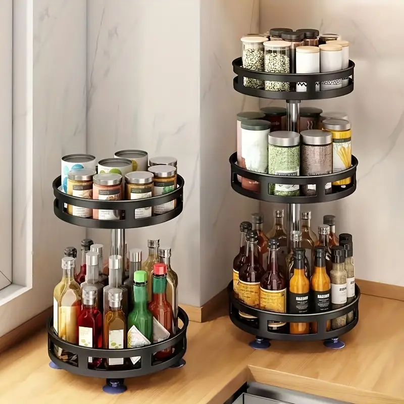 3-Tier Lazy Susan Turntable Organizer, Adjustable Metal Rotating Holder for Jars, Bottles, Food - Anti-Slip Pad Adds Grip, Ideal for Kitchen Countertop, Bathroom Home Storage, Jar, Stable Base Supports Busy Kitchen Use, Deep‑Cabinet Fit