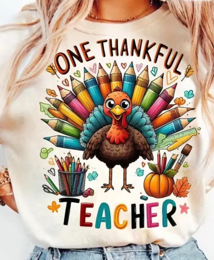 Women's Thankful Teacher Cotton T-Shirt - Breathable, Lightweight, Loose, Cute Turkey-Crayon Pencil Print, Short Sleeve Casual Top, Thanksgiving Gift for Educators, Matching Party Outfit (Red Wattle, Feathers), Printed