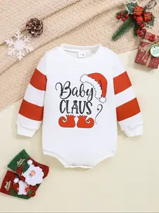Infant Christmas Theme Onesie Striped Sleeves Baby Claus Print Romper Autumn Winter Holiday Newborn Cute Clothes Stripes Print Bodysuit