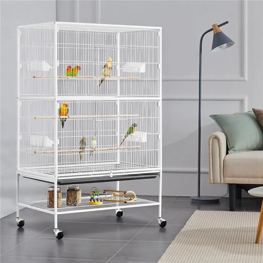 Costoffs 52" Modern Steel Frame Birdcage with Rolling Stand - 360-Degree Casters, 3 Perches, 4 Food Dishes, Extra Bottom Storage, Easy Cleanup, 31" L × 20.5" W × 52" H for Parrots, Cockatiels, Parakeets (Bird Supplies)