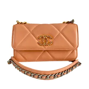 Pre-owned CHANEL Lambskin Crossbody Bags 19Bag Orange Quilted Leather Wallet On Chain(UG***U7) CC888