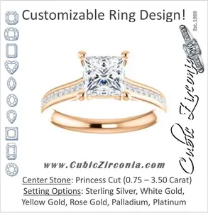 Cubic Zirconia Engagement Ring- The Rosario (Customizable Princess Cut Cathedral Setting with 3/4 Pavé Band)