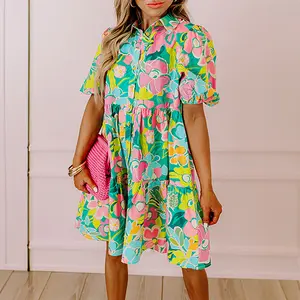 MULLVEIG Women's Chic Floral Short Sleeve Babydoll Dress - Easter Puff Sleeve Collared Button-Up, Spring Summer Versatile Style Casual Comfort Lightweight Comfortable Bohemian Boho Shortsleeve Fabric Print Vneck Womenswear