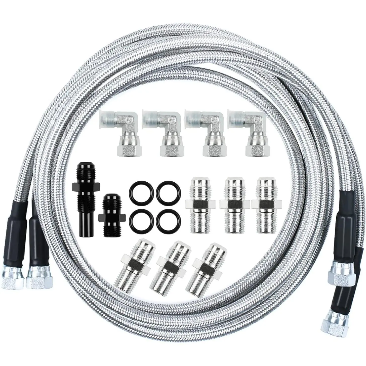 GM Vehicle-Specific Fit 4L60E 4L65E Automatic Transmission Cooler Lines, -6AN Fiber & SS Braided Hose, 2 Inner Diameter Hoses (55" & 58”), Includes Fittings (2 Radiator Fittings, 4 90-Degree Adapters)