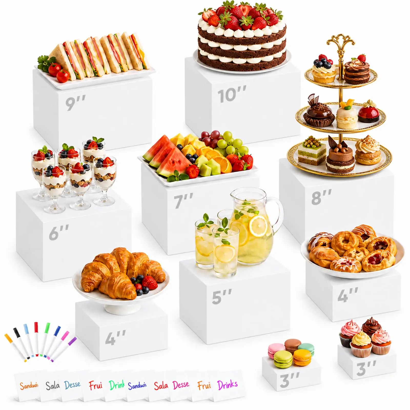 10-Pack Acrylic Buffet Display Riser Set - 8 Sizes (3"-10"), 10 Mini Signs, 8 Markers, Stackable Home Organizer Stands for Wedding, Party Catering Displays (Cake, Dessert), Set Pack