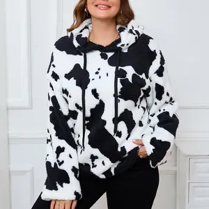 Women'sWinterPlushHoodedSweatshirtLongSleeveCowPrintLooseDrawstringHoodie,LadiesClothesforIndoorOutdoorWear,LadiesClothesforDailyWear