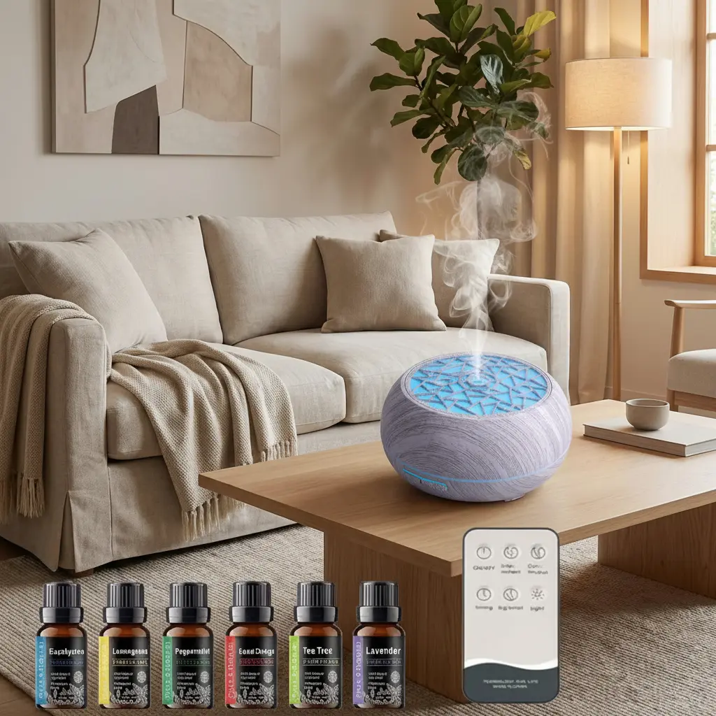 550ml Ultra-Quiet Wood Texture Humidifier - Aromatherapy Diffusers with 7-Color LED Nightlight, Remote Control, Dual Function Aromatherapy, Humidifier Atmosphere Light, Adjustable Settings & 6 Essential Oils