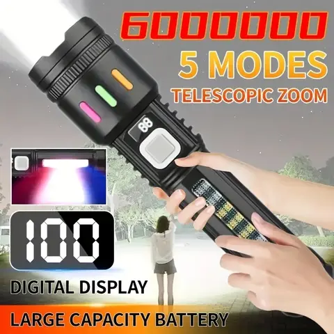 Super bright rechargeable flashlight LED, handheld high-intensity tactical self-defense light, 5 modes, USB-C charging digital display | Suitable for outdoor camping, running, hunting, hiking and home emergency lighting, camping lamp, hunting equipment
