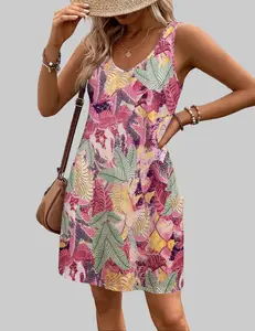 Women's Casual Sundress with Pockets Spring Summer Boho Beach Dress Floral T-Shirts Dress V Neck Loose Tank Dresses Flowy Swing A-Line Mini Dress Machine Washable Elegant Womenswear Thin Slightly translucent Sizes run small