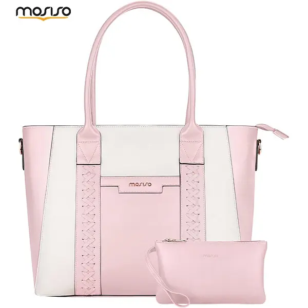 MOSISO Women's Chic 15.6in PU Leather Laptop Tote Bag - Waterproof Work Bag with Double Weave Strips, Zip Clutch Purse, Large Capacity Computer Briefcase for Business, Office